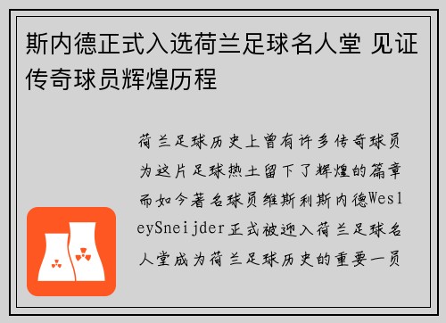 斯内德正式入选荷兰足球名人堂 见证传奇球员辉煌历程