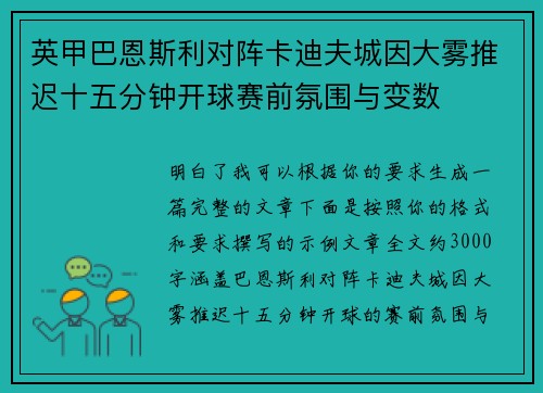 英甲巴恩斯利对阵卡迪夫城因大雾推迟十五分钟开球赛前氛围与变数