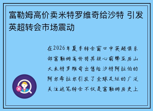 富勒姆高价卖米特罗维奇给沙特 引发英超转会市场震动 富勒姆高价卖米特罗维奇给沙特 引发英超转会市场震动
